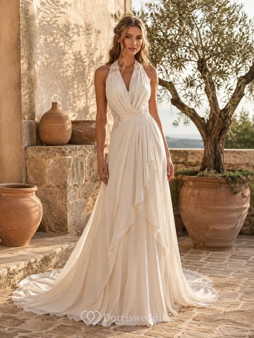 Vestido de novia blanco sencillo, largo hasta el suelo, con escote halter y corte en A.
