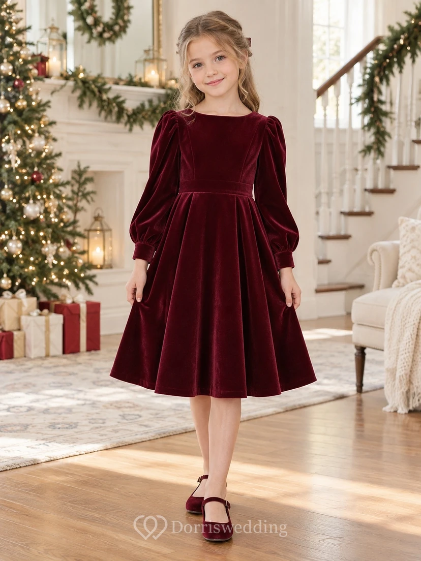 Burgunderfarbenes Samtkleid für Blumenmädchen mit langen Bischofsärmeln, Rundhalsausschnitt und knielangem Schnitt