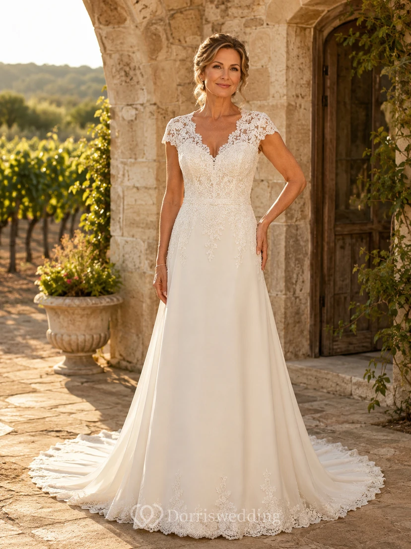 Romantic V Neck Lace Chiffon Wedding A Line Cap Sleeve Court Train