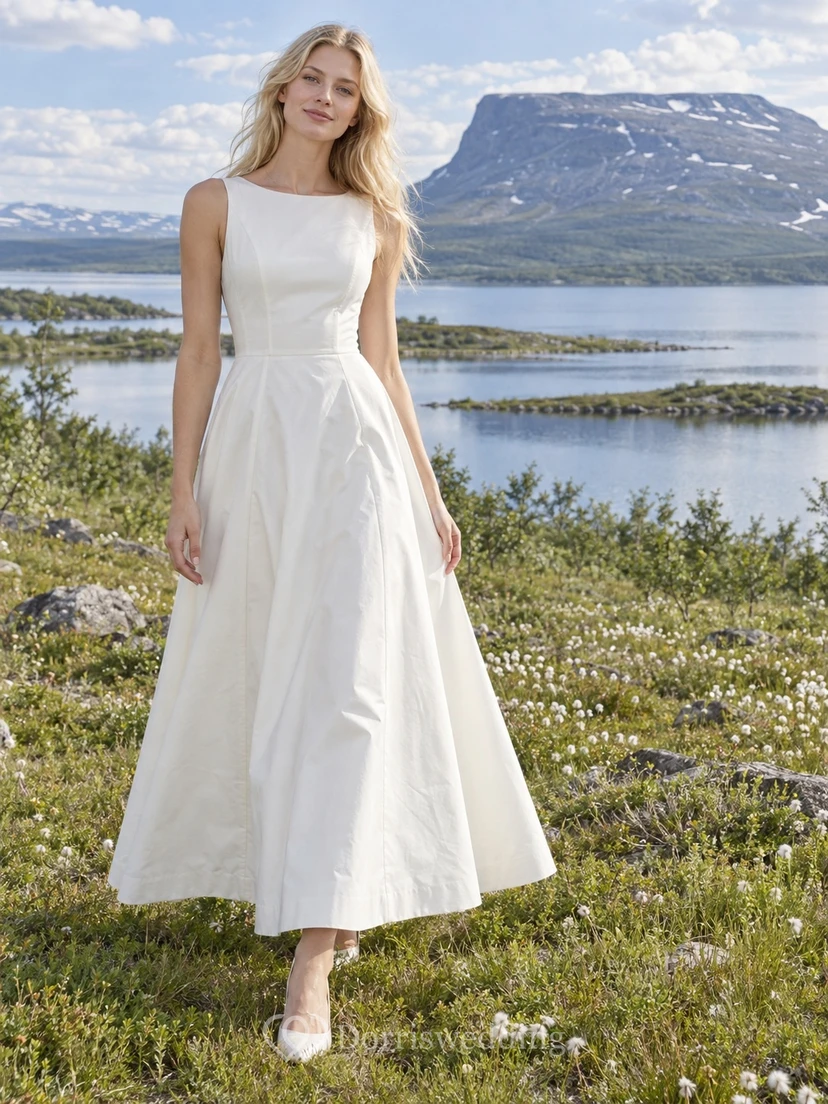 Vestido de novia sencillo de popelina de algodón hasta la rodilla, corte en A, escote barco y espalda cubierta.