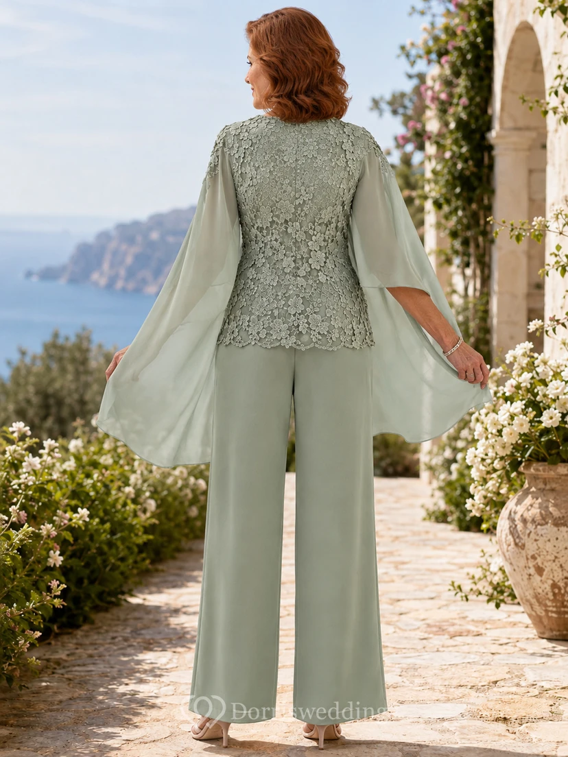 Romantischer, salbeigrüner Cape-Tunika-Hosenanzug mit Muschelsaum, weitem Bein, Dreiviertelärmeln und fließenden Chiffon-Seitenteilen – perfekt für die Mutter der Braut. view 2