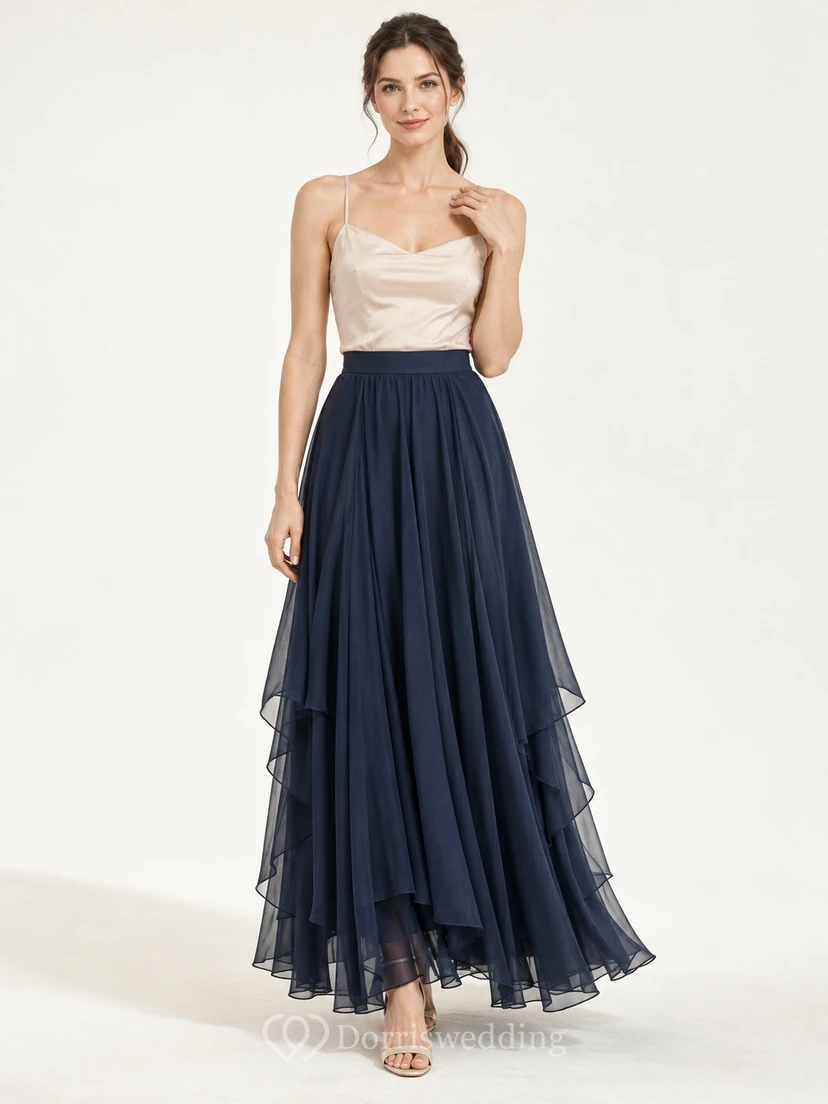 Vintage Dark Navy Layered Ruffle Chiffon Ankle-length A-line Skirt