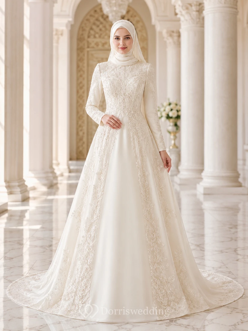 Schlichtes muslimisches, einfarbig besticktes, langärmeliges Brautkleid in Kapellenform