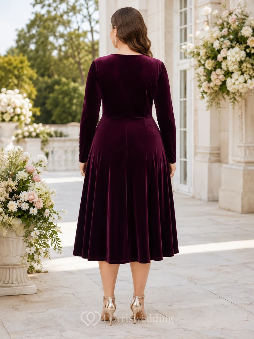 Plum V Neck Long Sleeve Velvet A Line Plus Size Guest Dress view 2
