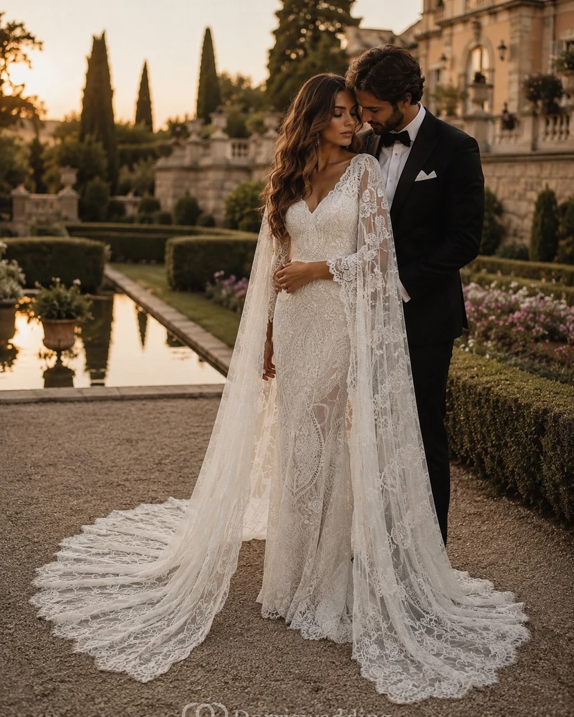 Boho Lace Illusion Flowy Sheath Cape Wedding Dress