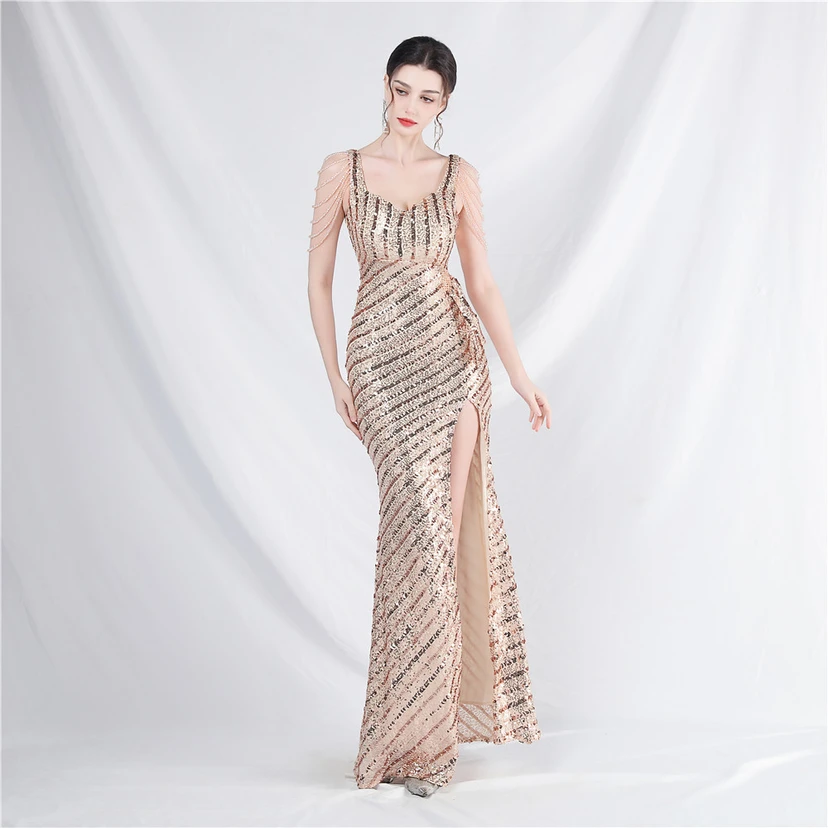 Craft Sequined Velvet Bottom Handmade Beaded Long Elegant Light Luxury Evening Dress view 2