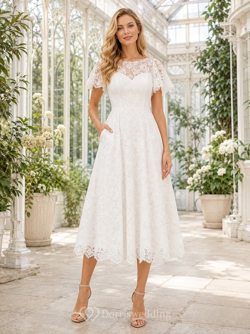Schlichtes, weißes Cocktailkleid in A-Linie mit Spitze, Taschen und U-Boot-Ausschnitt
