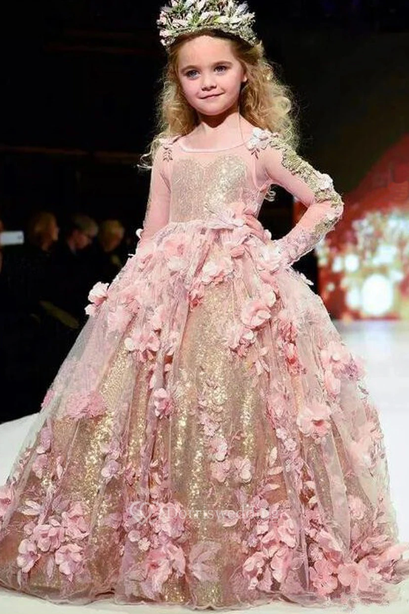 Sequin and Tulle Bateau Long Sleeved Flower Girl Dress with Flowers view 2
