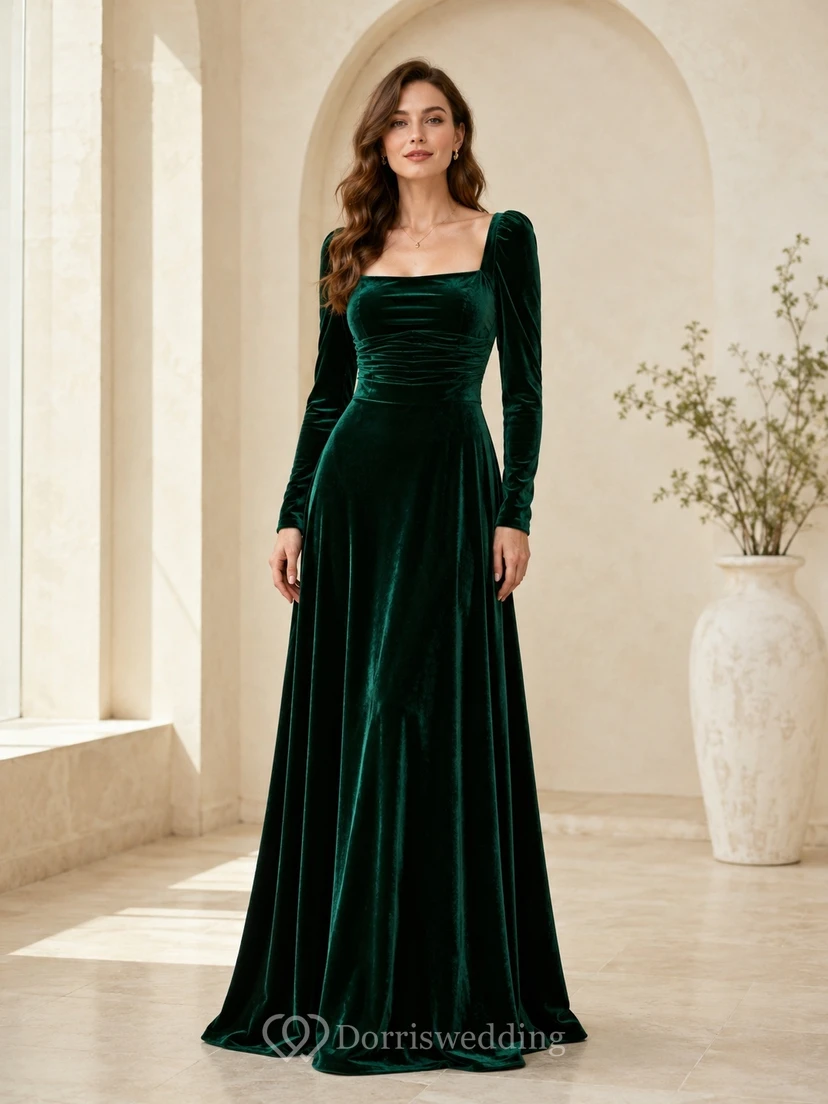 Dark Green Velvet Square Neck Long Sleeve A-Line Floor-length Luxury Elegant Formal Evening Dress