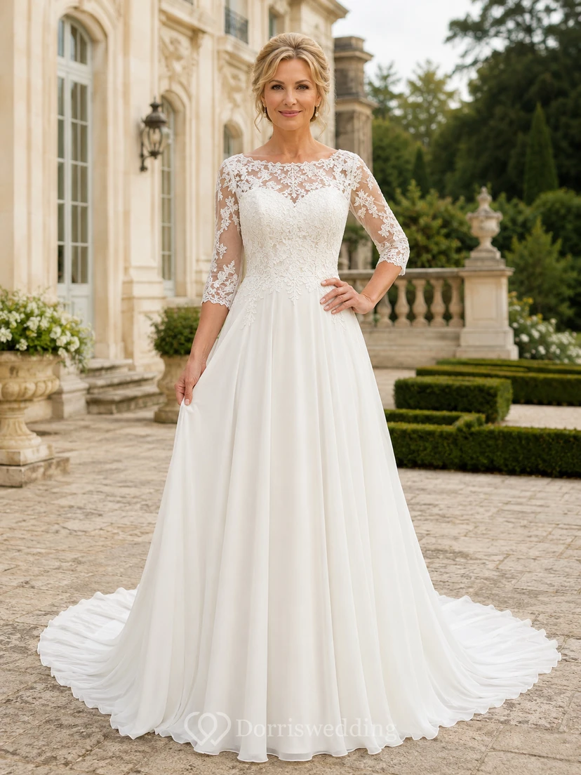 Modest Chiffon Wedding Dress A-Line Jewel Neck Long Sleeve Sweep Train Bridal Gown