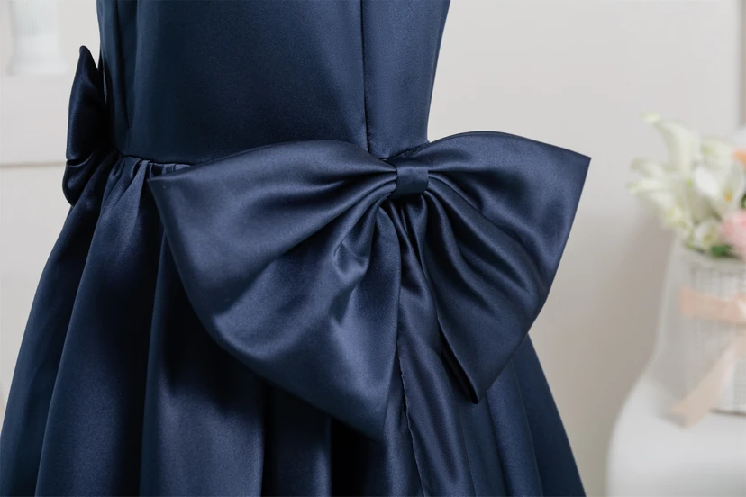 Jewel Satin Short A-line Bowed Dark Navy Flowergirl Dress view 10