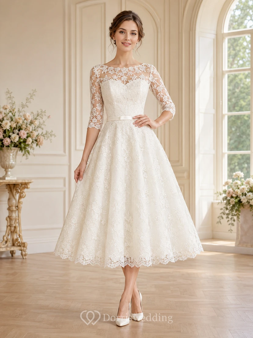 Vestido de novia modesto de largo midi, estilo barco, con mangas tres cuartos y encaje, ideal para recepciones en jardines.
