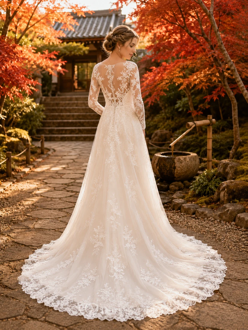 Robe de mariée Modest Destination à manches longues, décolleté en V plongeant, en dentelle, coupe trapèze, traîne chapelle illusion view 2
