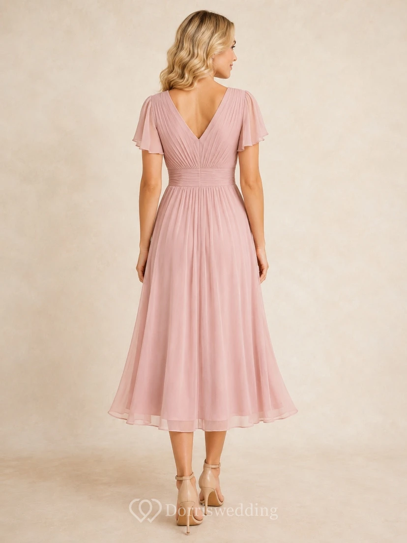 Teelanges, romantisches Chiffon-Kleid in A-Linie mit V-Ausschnitt, kurzen Ärmeln und in A-Linie – ein formelles Abendkleid view 2