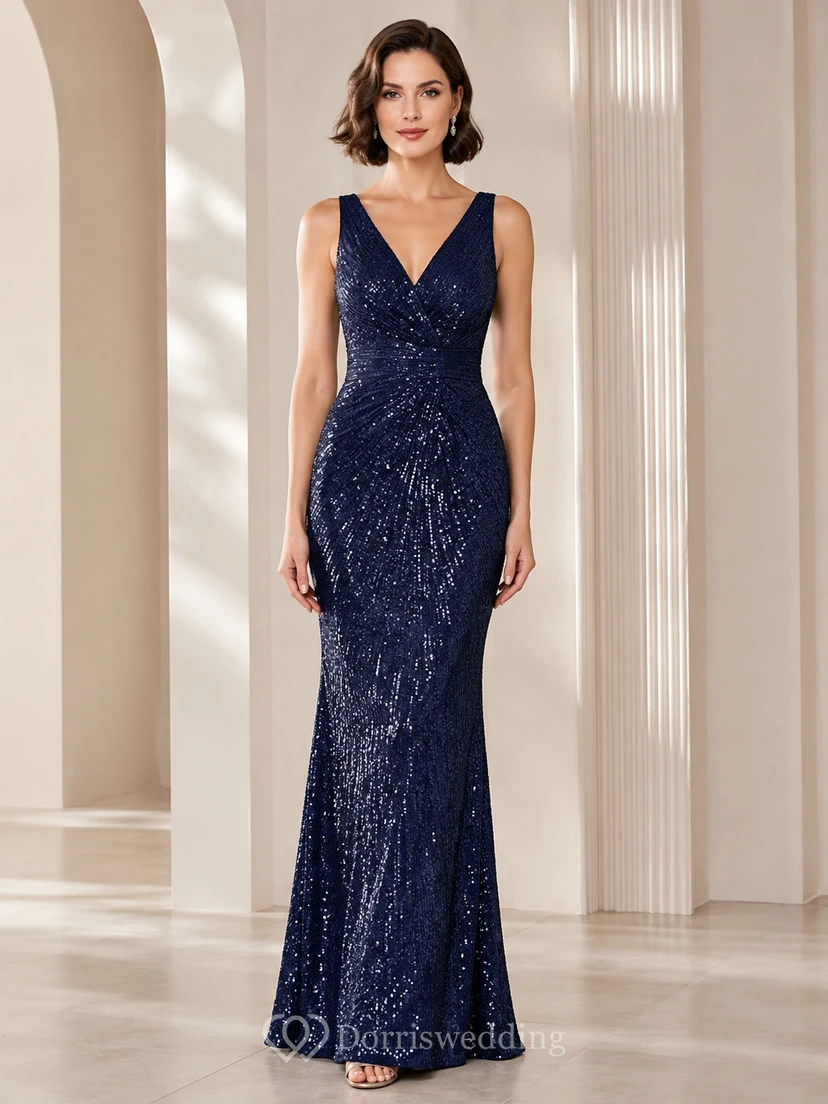 Dark Navy V Neck Sequin Mermaid Evening Dress