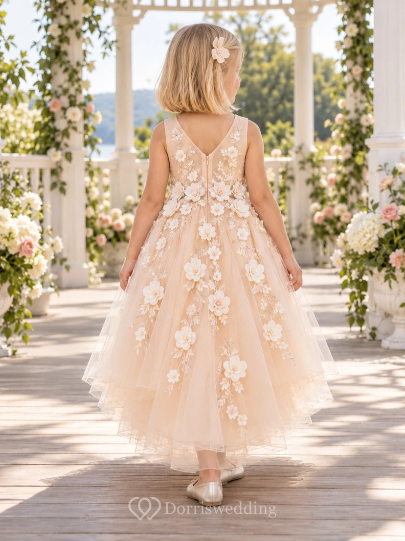 High-low Blush Sleeveless Floral Waist Tulle Flower Girl Dress view 2