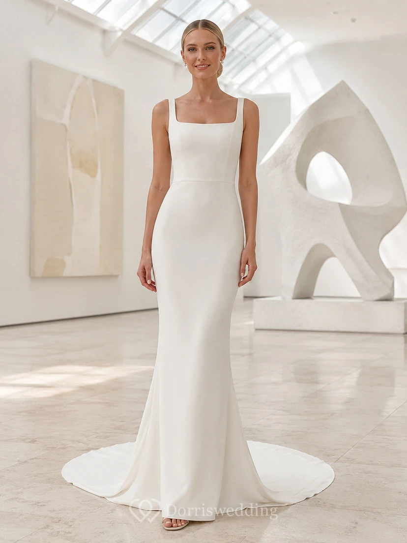 Minimalistisches Brautkleid aus Crêpe mit eckigem Ausschnitt, Trägern und Schleppe