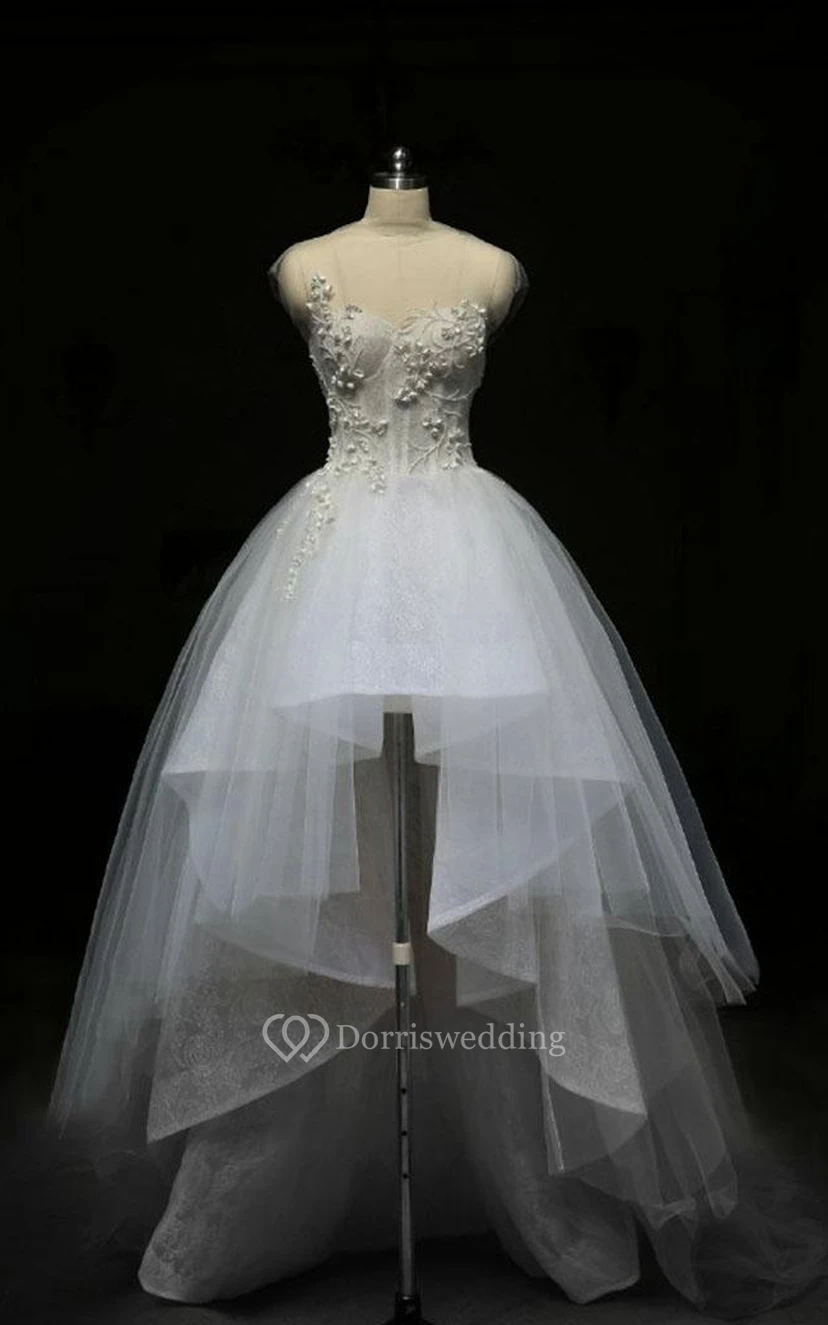 Robe mini col montant sans manches à col évasé, perles, fermeture éclair et décolleté en goutte d'eau, en tulle et dentelle