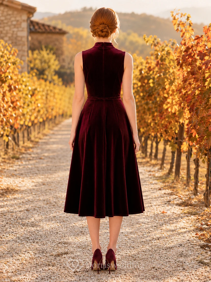 Burgundy Sleeveless High Neck Velvet Fall Occasion Midi Dress view 2