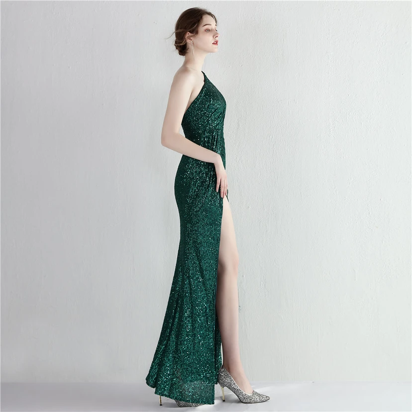 Sequined One-Shoulder Celebrity Cold Banquet Slit Long Sequin Aura Queen Dinner Fishtail Dress view 4