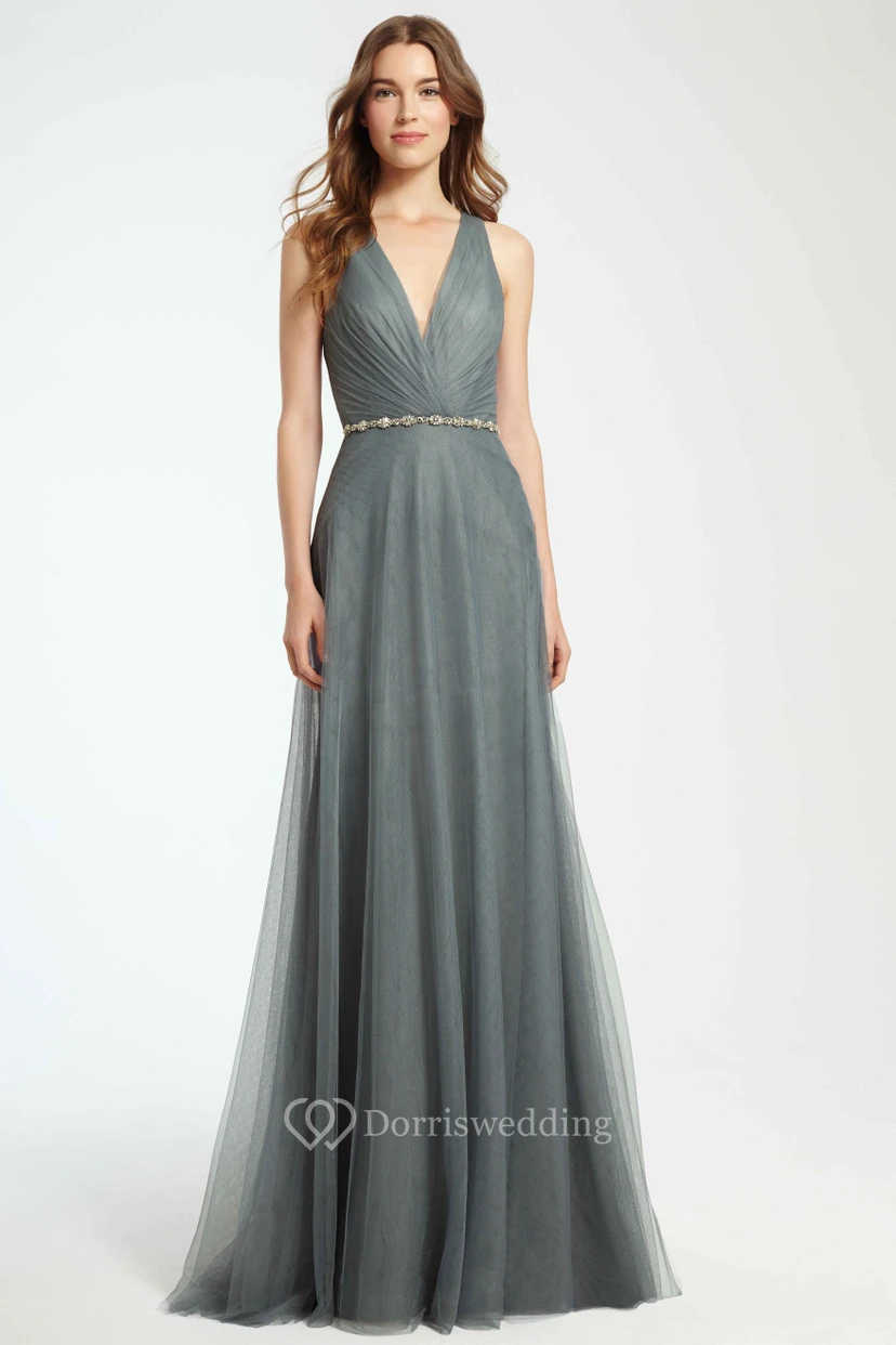 A-Linien-Maxikleid aus Tüll mit Raffungen, ärmellos, V-Ausschnitt und Taillenschmuck