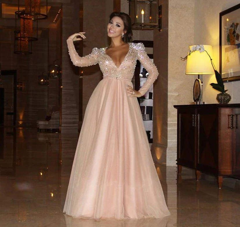 Glamorous Crystals A-line Evening Dress Long Sleeve Floor-length view 2