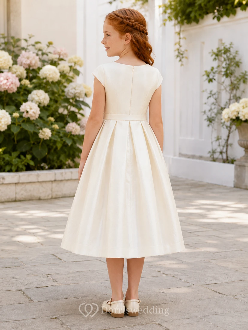 Cap Sleeve Satin Bow Communion Flowergirl Tea Length Ceremony Dress view 2