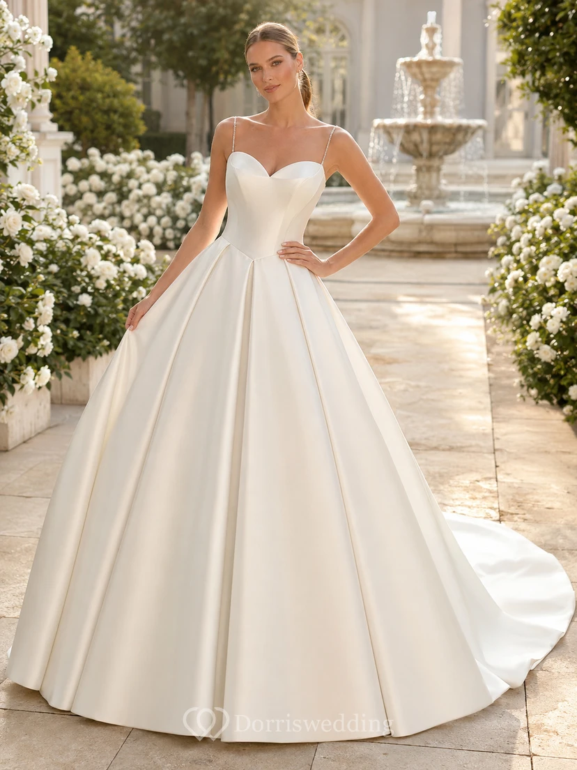 Classic Satin Strapless Ball Gown Chapel Train Natural Waist Wedding Dress