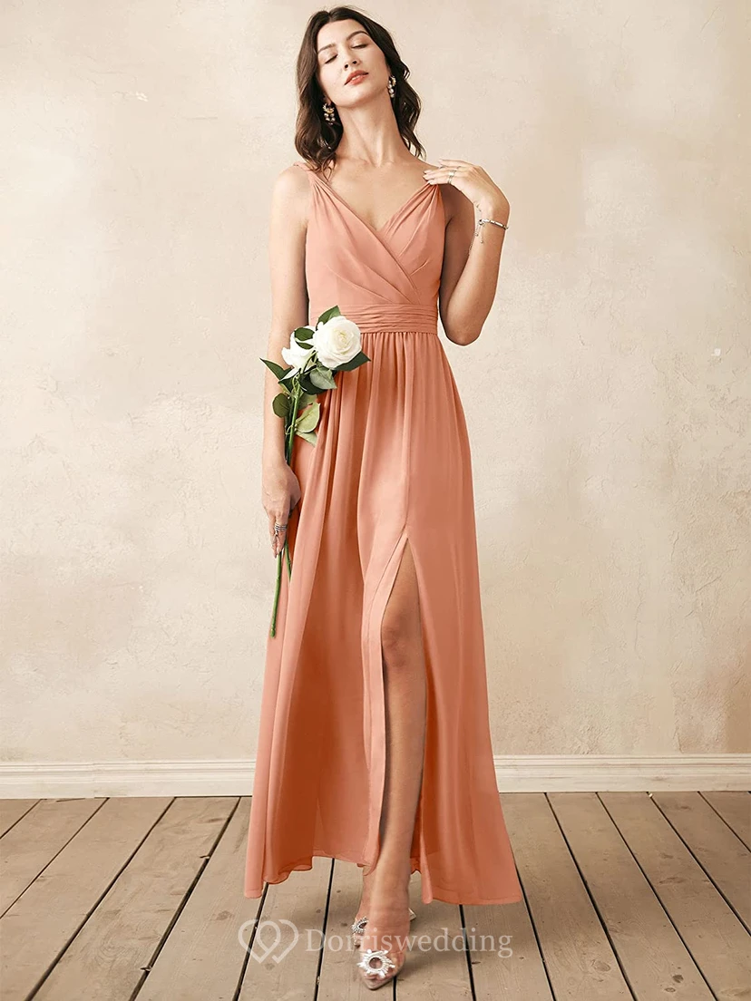 Romantic V-neck A Line Sleeveless Ankle-length Chiffon Bridesmaid Dress With Ruching view 3