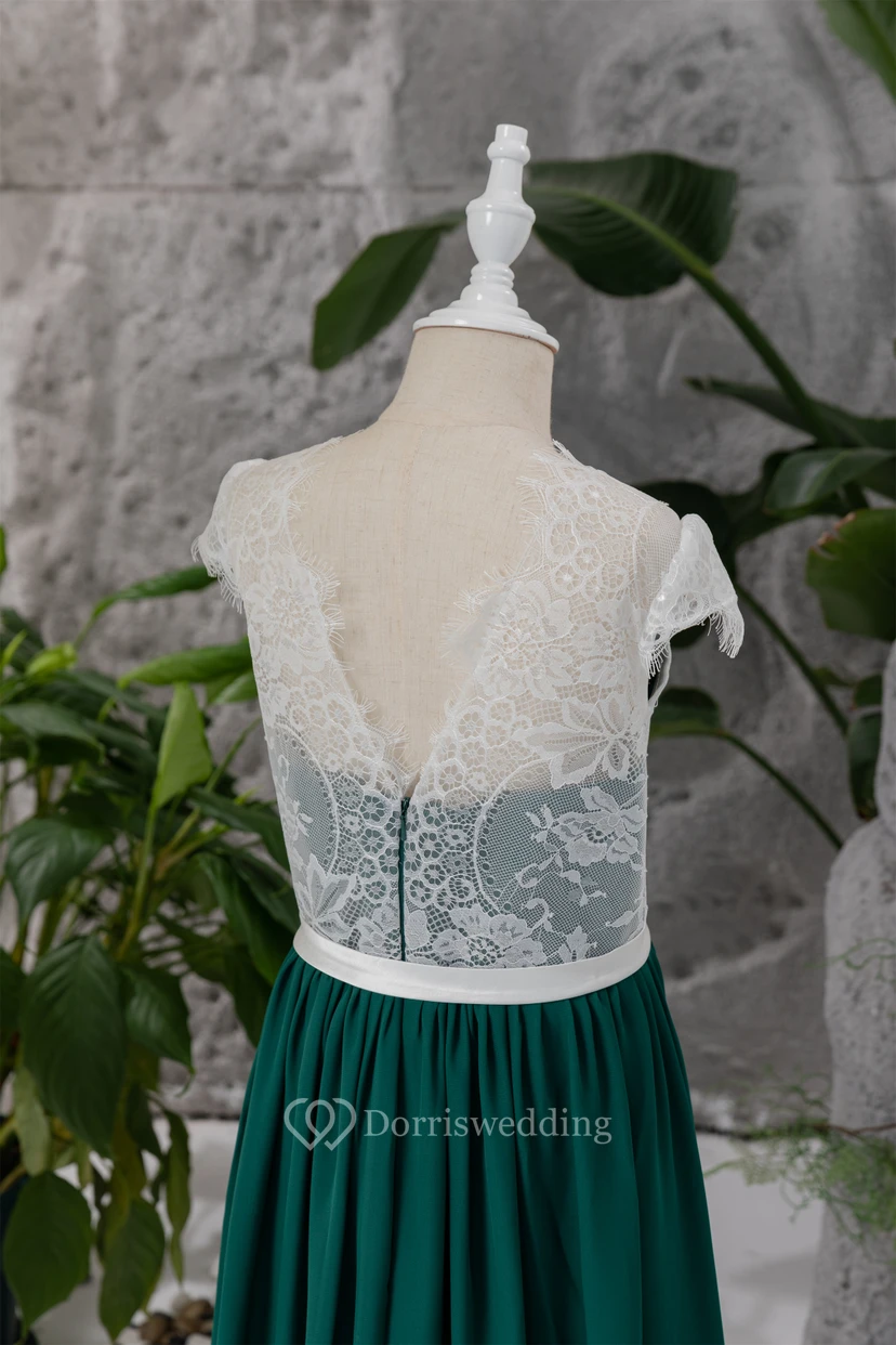 Chiffon White and Dark Green Lace Floor-length Flowergirl Dress view 9