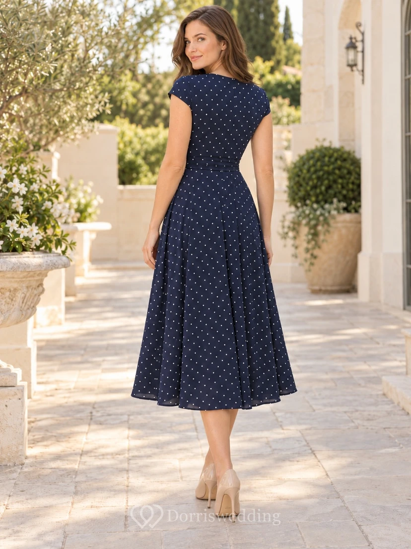 Vestido de invitada azul marino oscuro con estampado de lunares, corte en A, escote en V y mangas cortas, largo hasta la rodilla. view 2