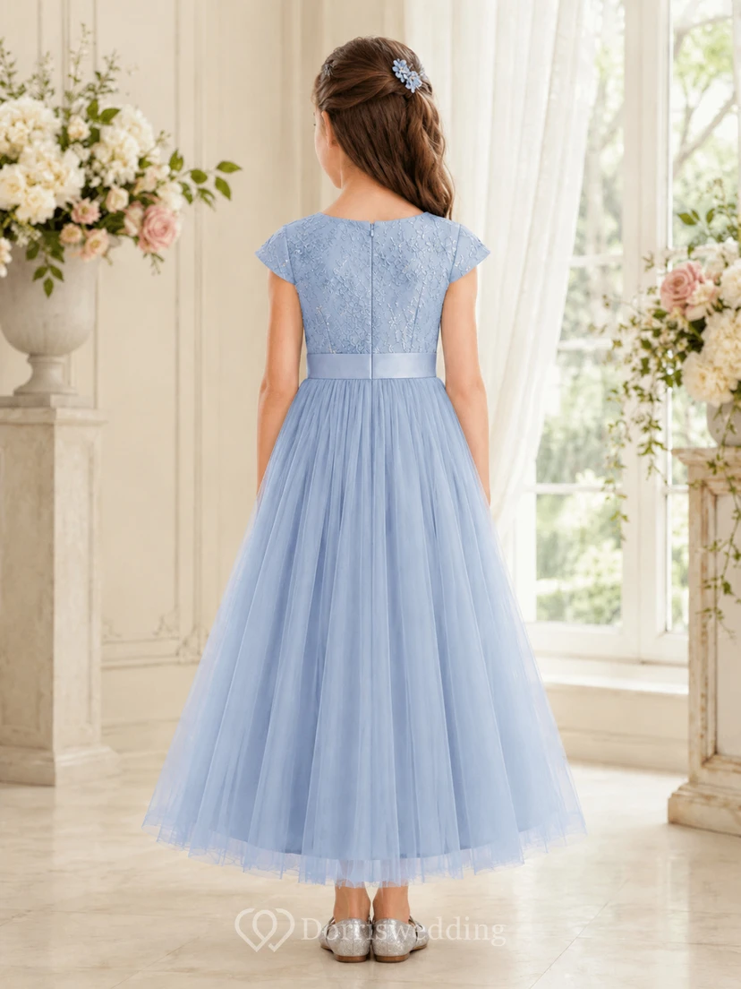 Flower Girl Dress Sky Blue Lace Tulle A-Line Jewel Neck Tea Length view 2
