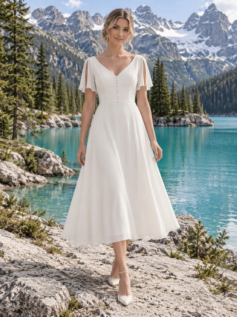 Sencillo vestido de novia civil con falda a la altura de la rodilla, escote en V y mangas con volantes.