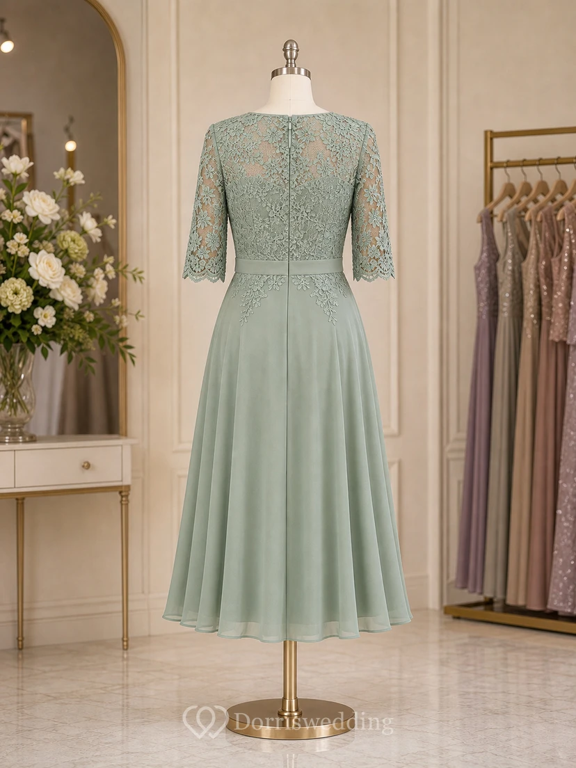 Sage Tea Length Crystal Brooch Mother Dress Sage Bateau Jewel A-Line Tea-length view 8