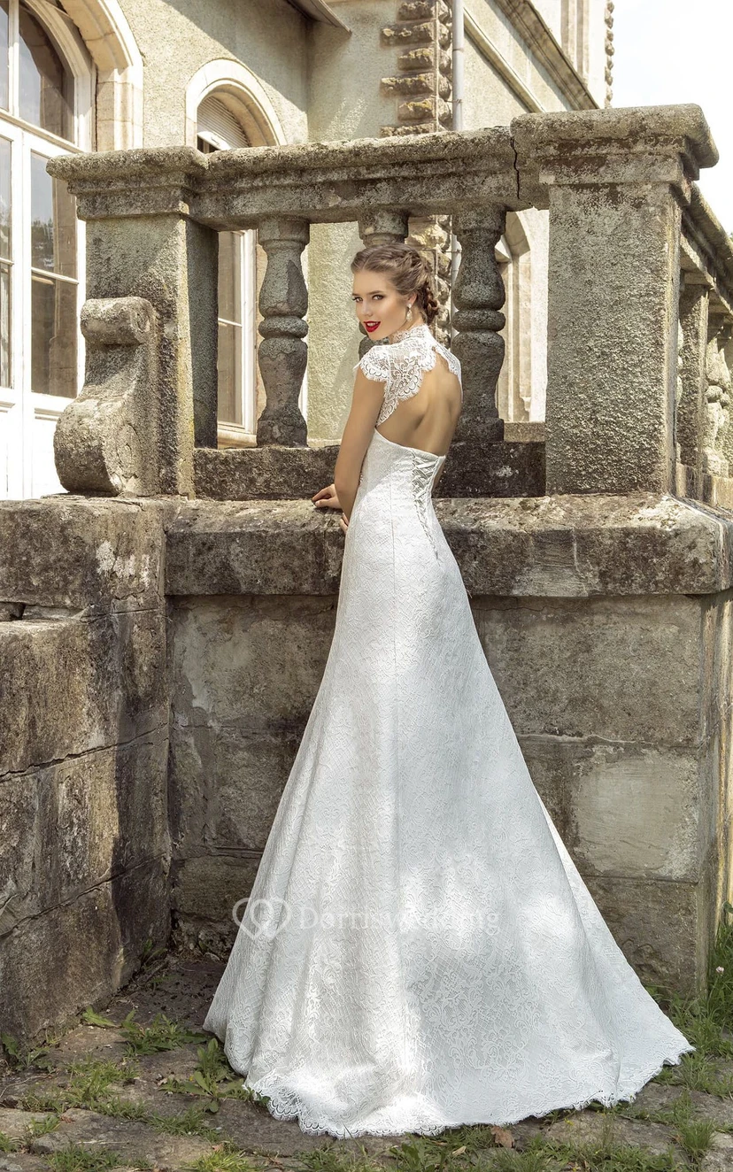 High Neck Cap Sleeve Backless Lace Dress With Crystal Detailing  view 3