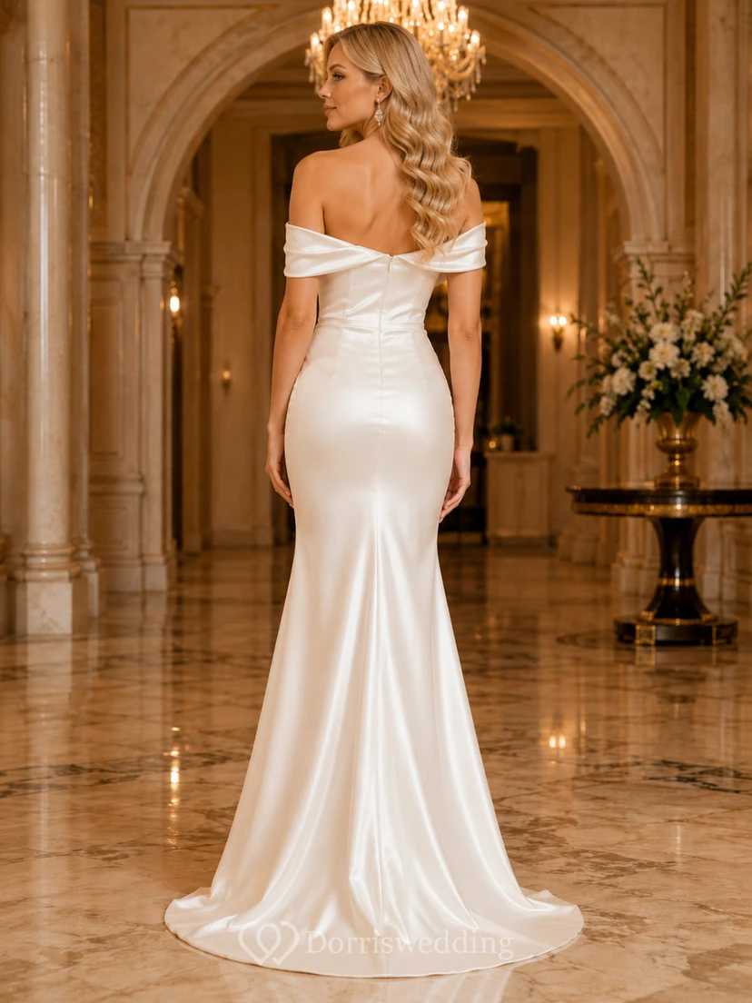 Pearl Off Shoulder Satin Mermaid Slit Dress view 2