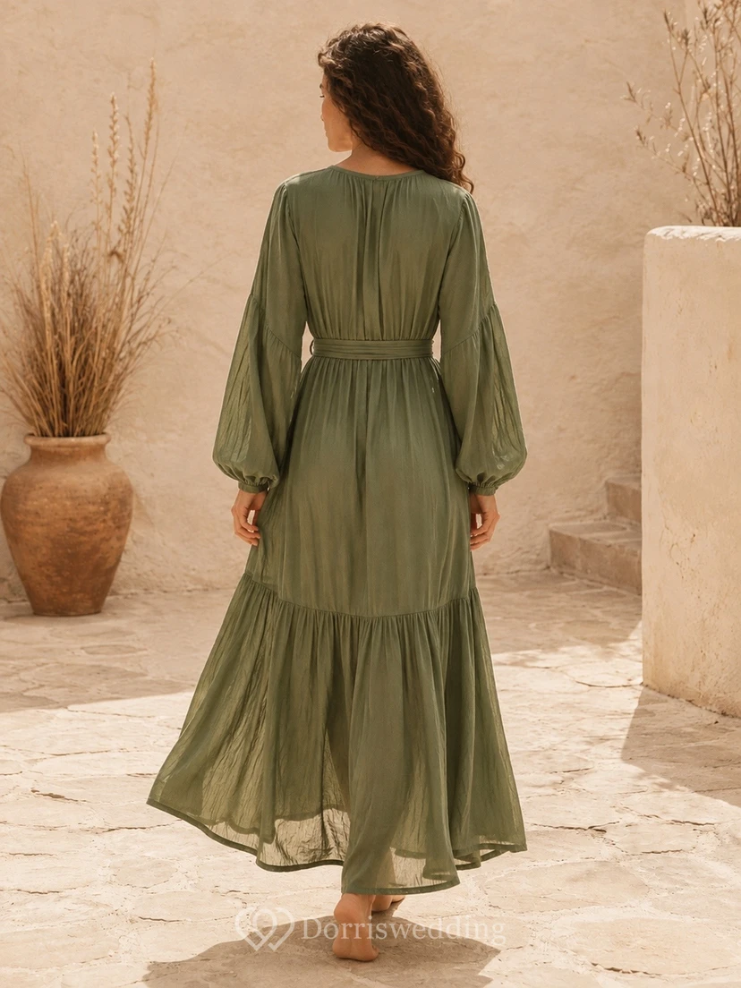 Sage Green High Neck Long Sleeve Tiered Chiffon Maxi Dress view 2