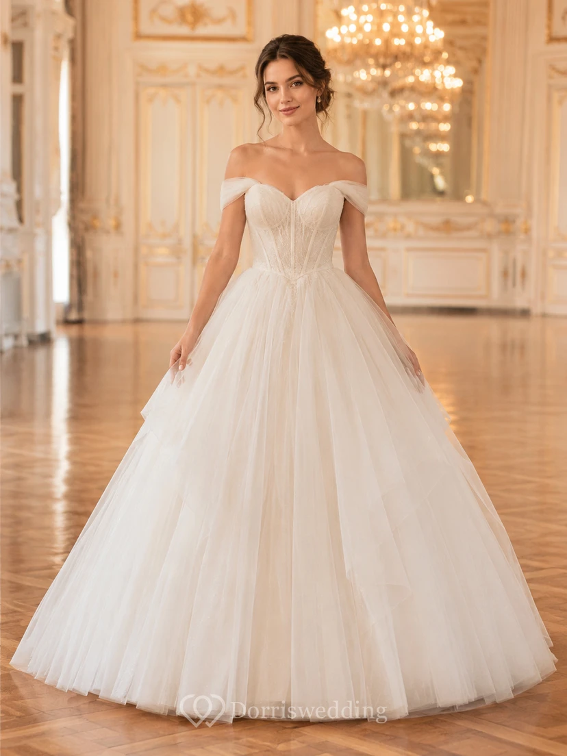 Vestido de novia de gala de tul con hombros descubiertos para mujeres de baja estatura