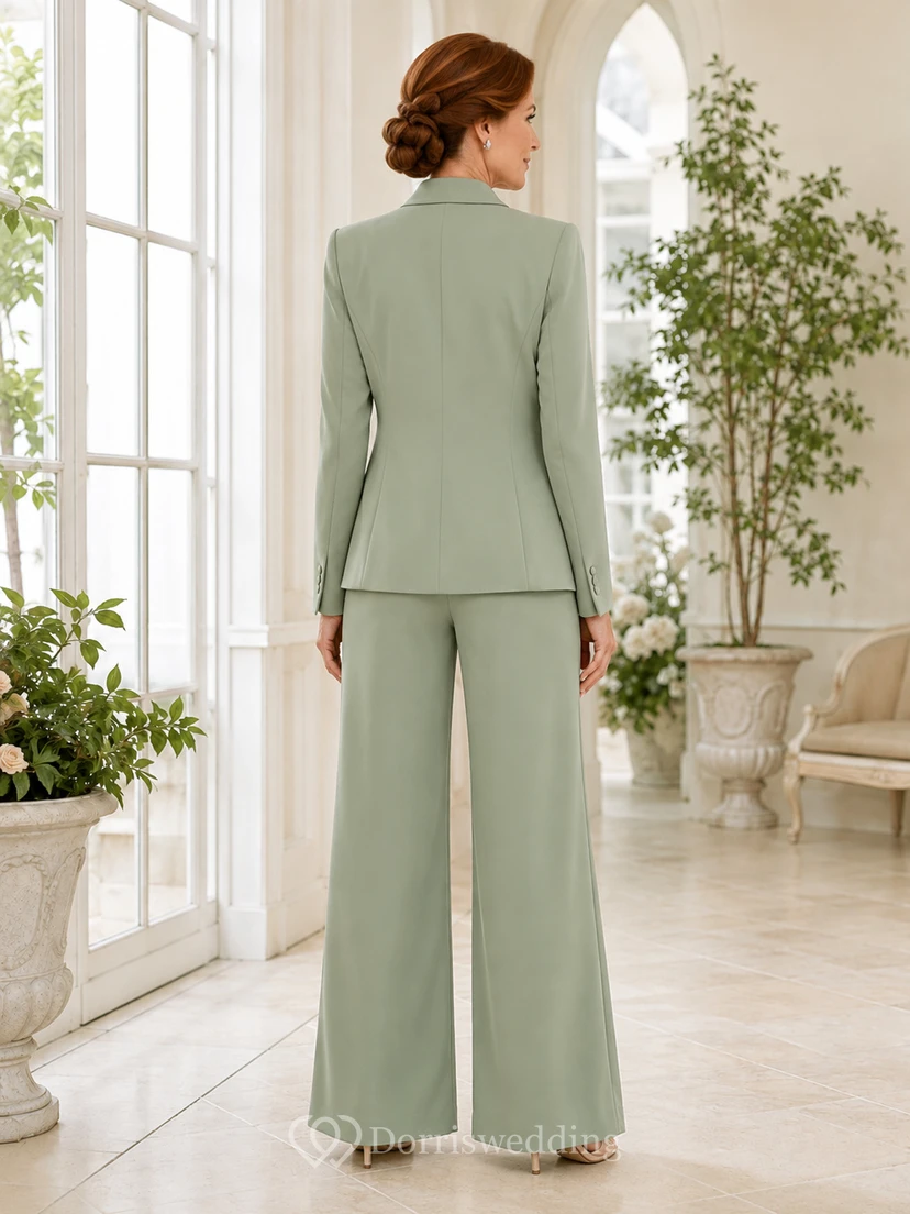 Sage Mother Pantsuit with V Neck Ruched Top, Tailored Blazer and Wide Leg Pants view 2