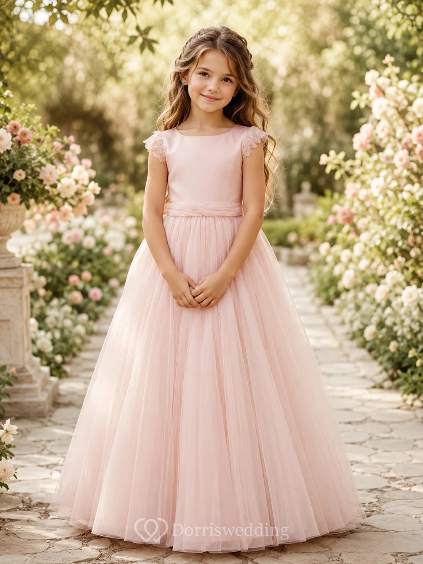 Rosa A-Linien-Kleid aus Tüllspitze für Blumenmädchen mit kurzen Ärmeln, Rundhalsausschnitt, wadenlangem Rock und Schleifendetail.