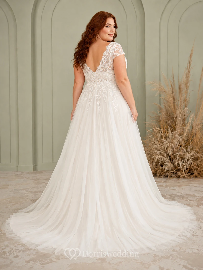 Plus Size Lace Bodice Flowy Studio Wedding Dress view 2
