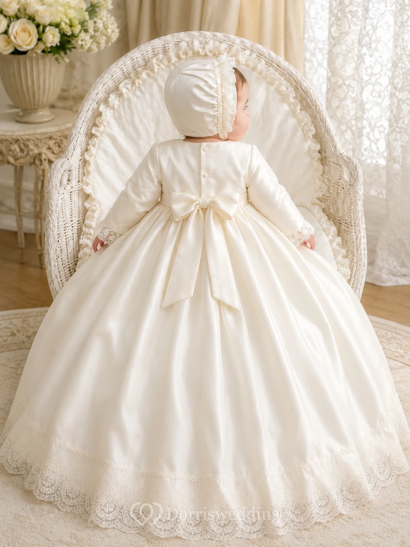 Round Neck Christening Gown A-Line Satin Lace Long Sleeve Floor-Length view 2
