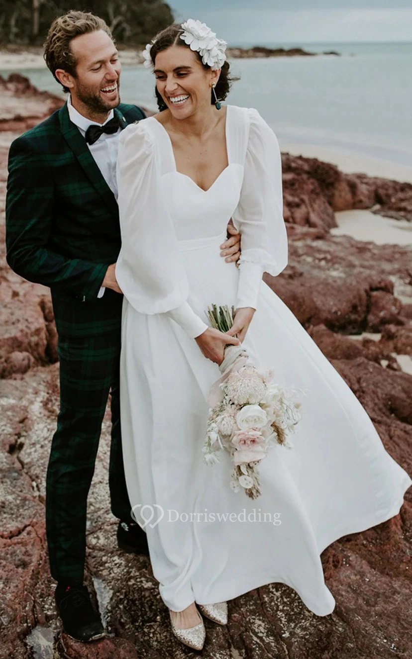 Simple Queen Anne A Line Floor-length Sweep Train Long Sleeve Wedding Dress view 3