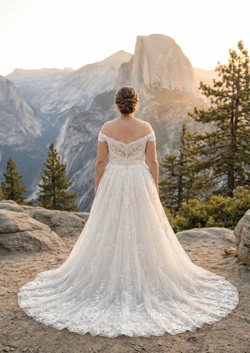 Plus Size Off Shoulder Lace A-Line Wedding Dress with Chapel Train view 2