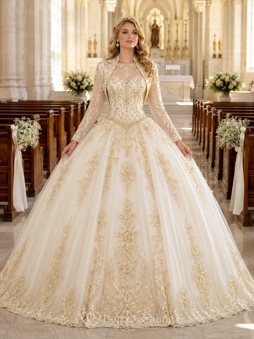 Robe de bal de princesse Quinceañera ivoire, col montant, manches longues, dentelle dorée, pour cérémonie religieuse.