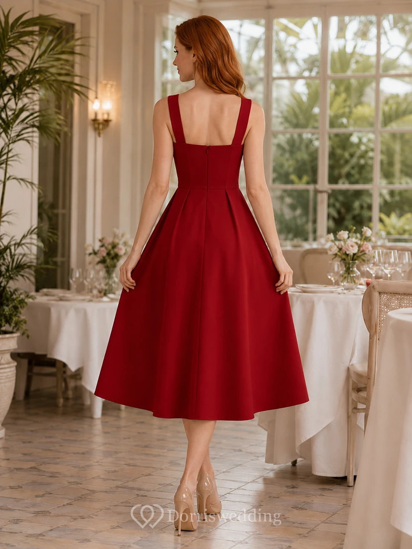 Robe de fiançailles/dîner rouge en satin à col carré et coupe trapèze, longueur thé view 2