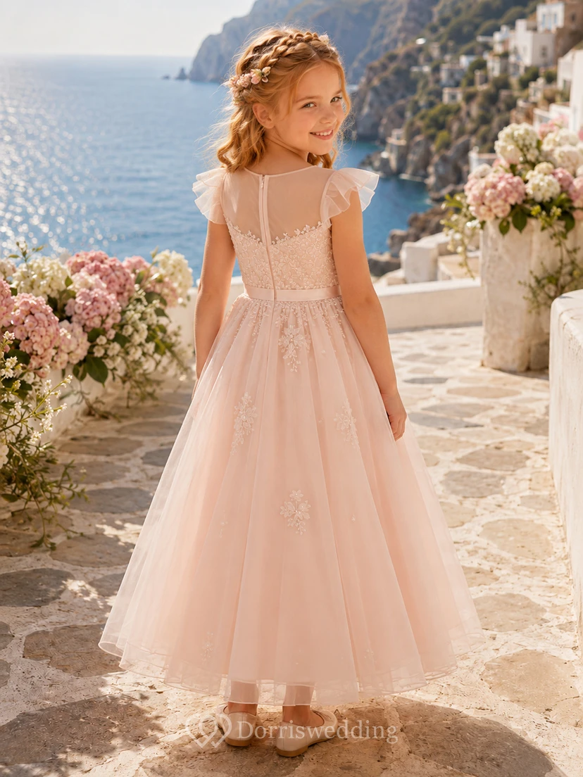 Adorable A-Line Flower Girl Dress with Square Neck Peach Tulle Lace Floral Beach Party view 2