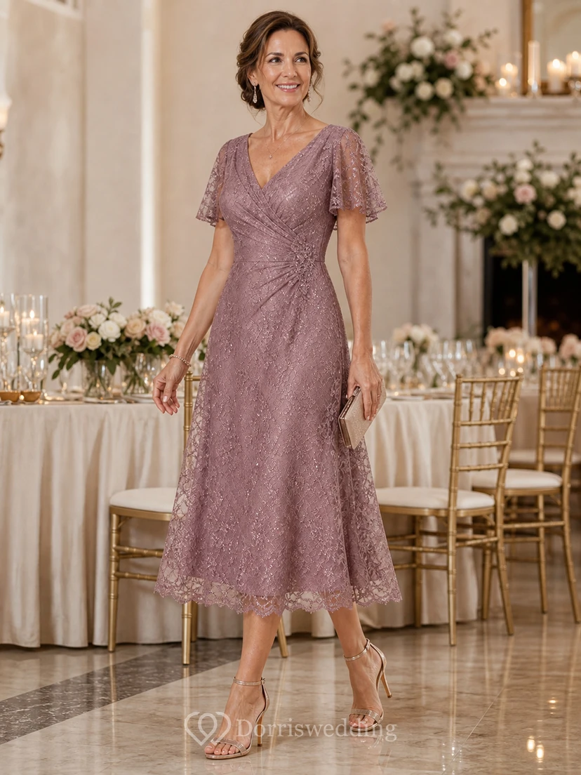 Vintage Mauve Lace Tea Length Mother Dress Vintage Mauve V-neck Sheath Tea-length view 5