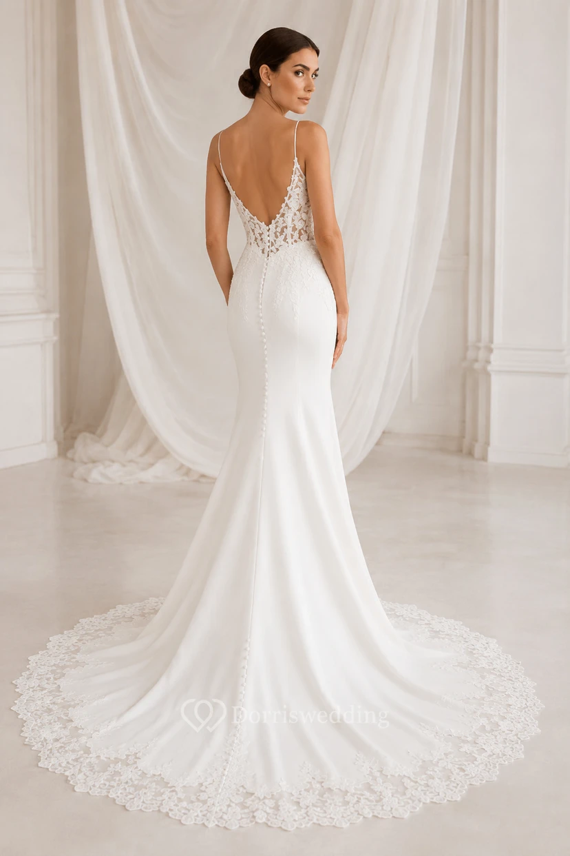 Robe fourreau de mariée en satin avec corsage en dentelle à col en V et fente sur le devant view 2