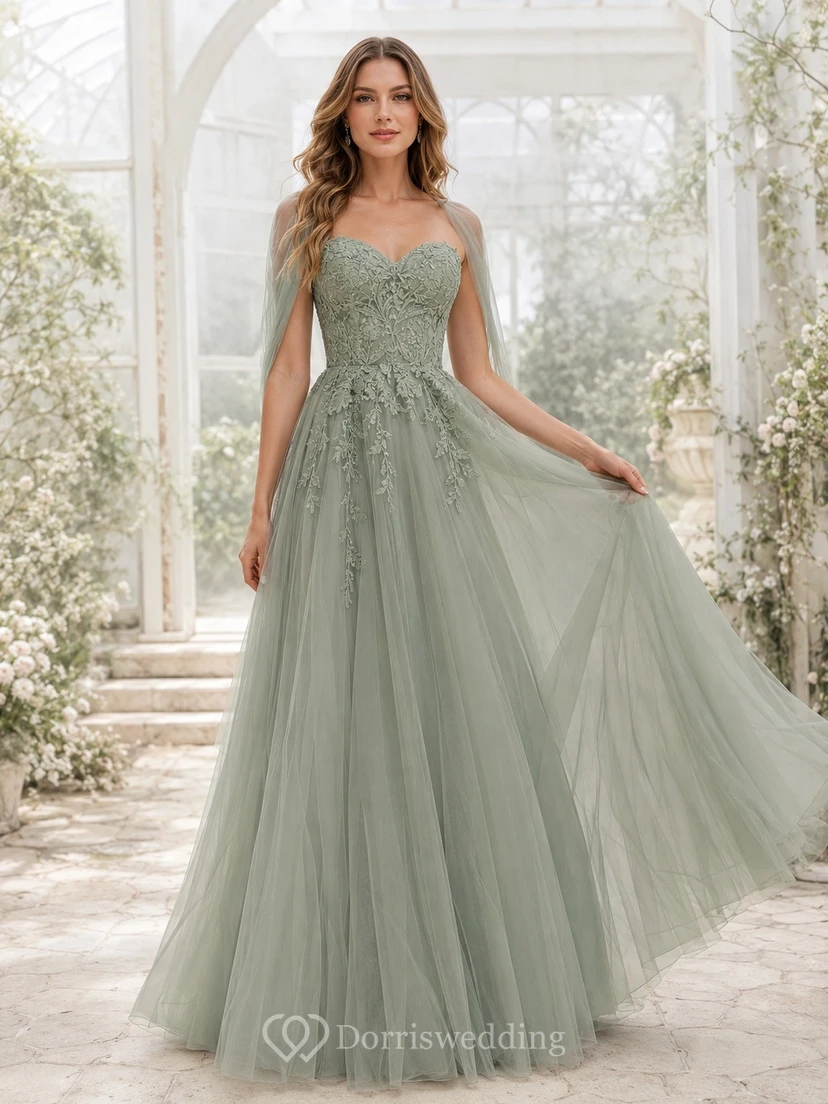 Sage Green Square Neck Sleeveless Layered Tulle Gown